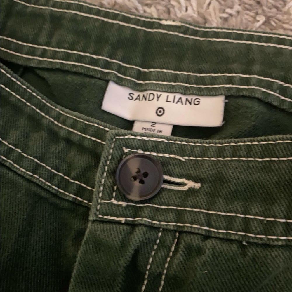 Sandy Liang Green Wide-Leg Pants with Contrast Stitching